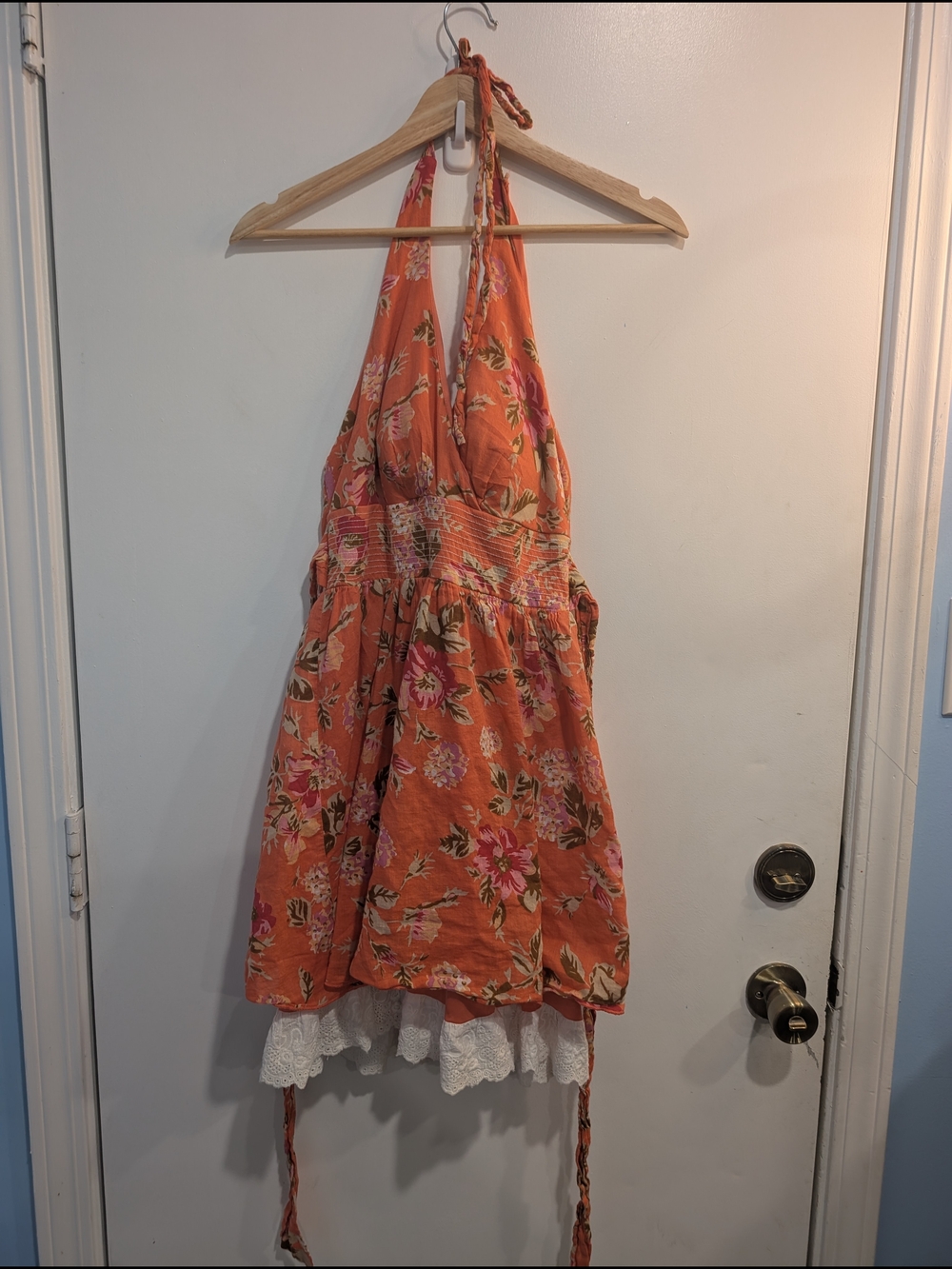 Trixxi Floral Halter Summer Mini Dress Coral Lace Hem Sz 1 Juniors XS/S Womens